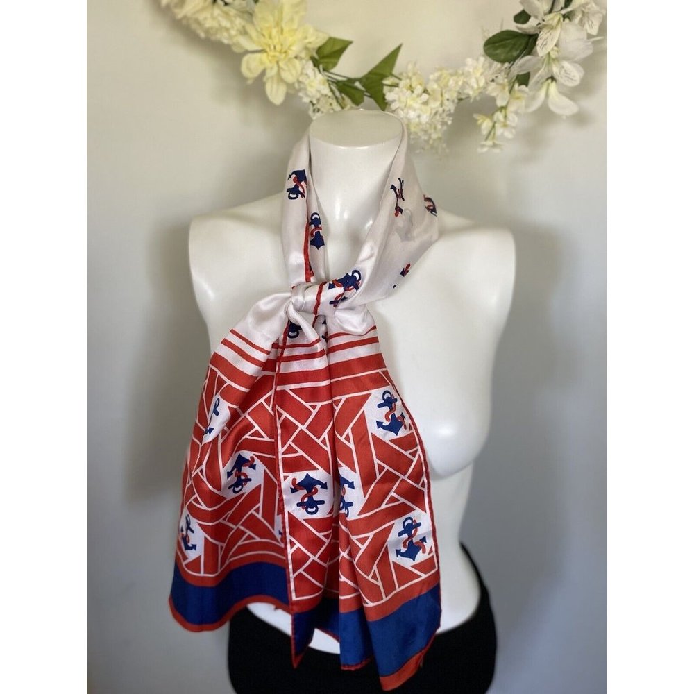 Vintage Nautical Americana Red White Blue Scarf Anchors Silky Fabric‎ 52" X 13"